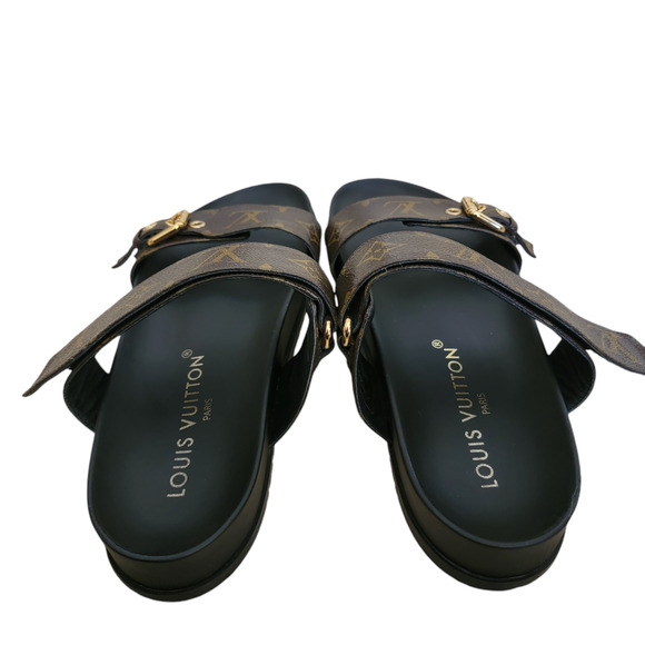 Louis Vuitton Monogram Bom Dia Leather Sandals LV Logo Brown Black Flat 10 40 - Picture 7 of 14